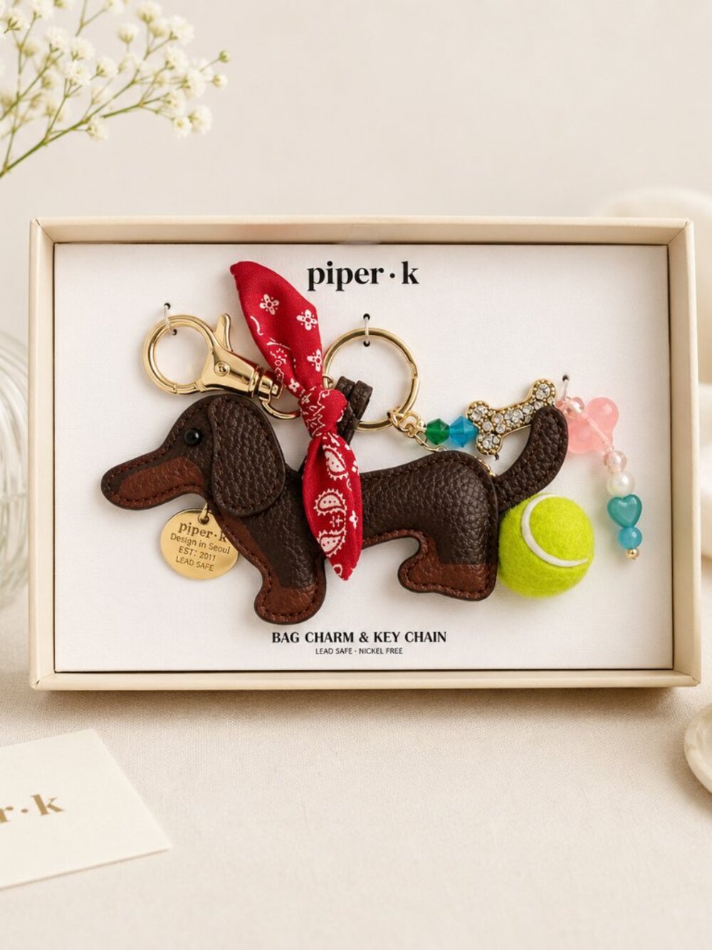 Piper-K Dachshund Dog Bag Charm Keychain Tennis Ball NIB